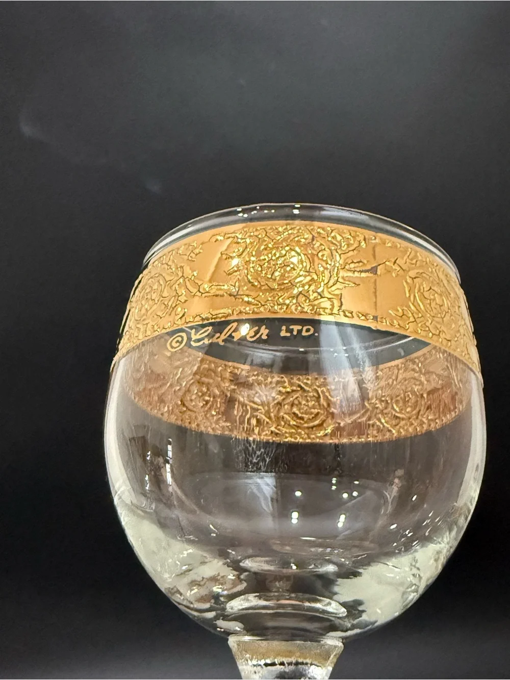 Lot of 2 Vintage MCM Culver Tyrol 22k Gold Gilt 5.75” Stemmed Wine Glasses